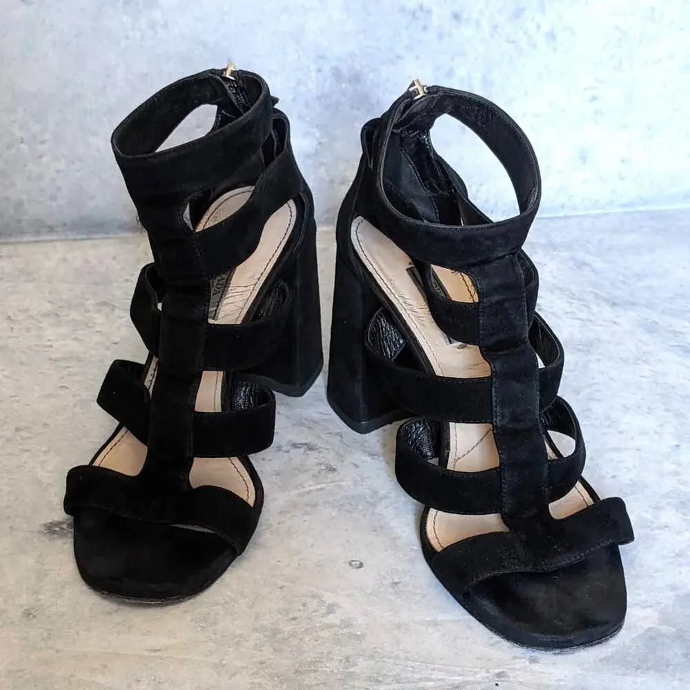 Prada Suede Gladiator Block Heel Sandals in Black, Size 9
